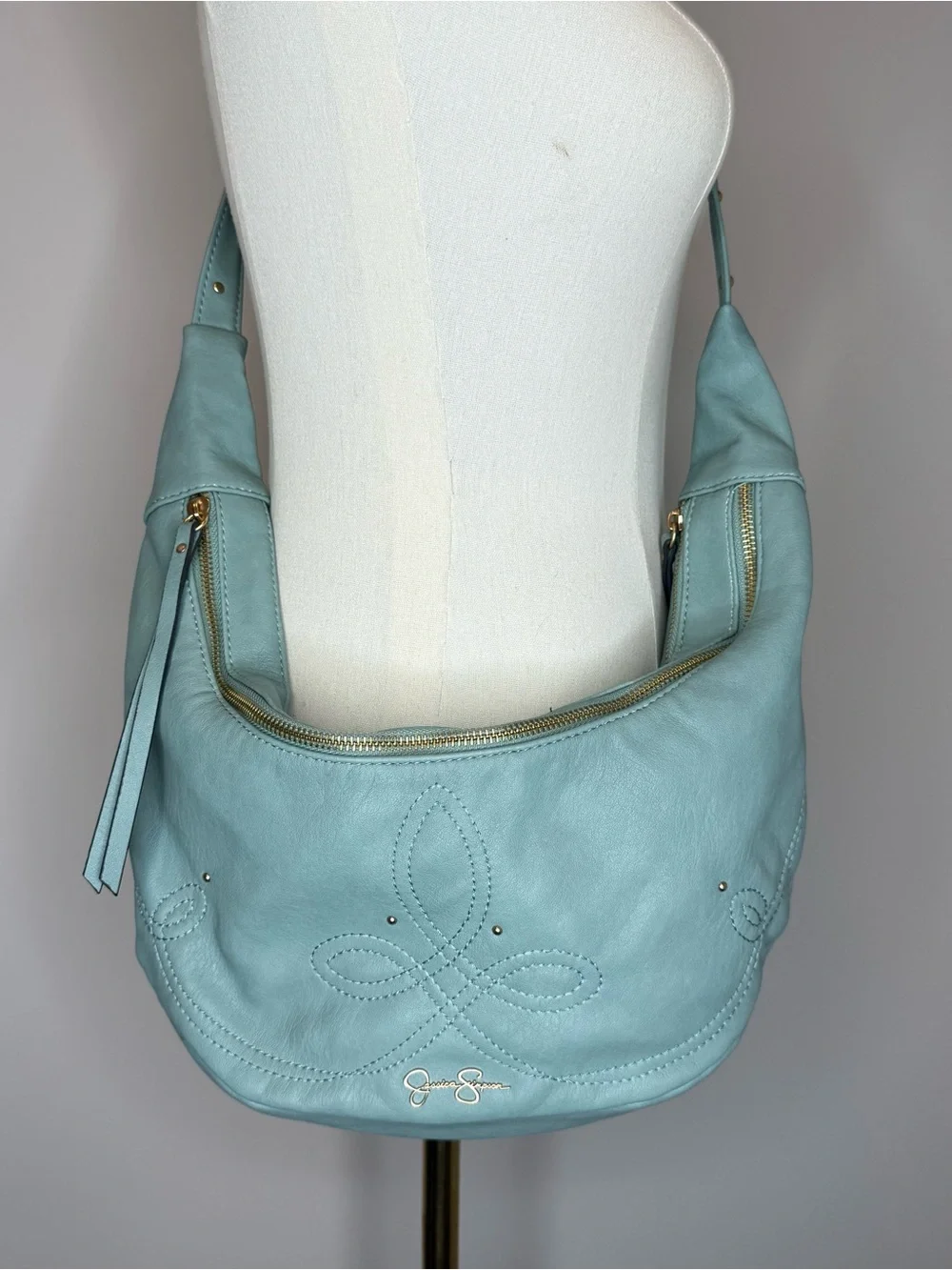 Jessica Simpson Light Blue Leather Hobo Bag with Gold Hardware